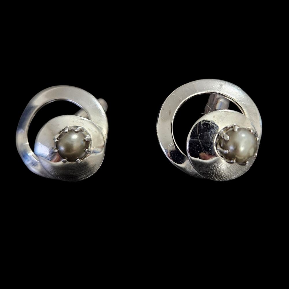 Vintage Silver Tone Pearl Cufflinks Round Modernist Circle Mens